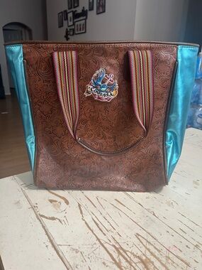 Consuela Brown Tooled Leather Tote with Turquoise Sides